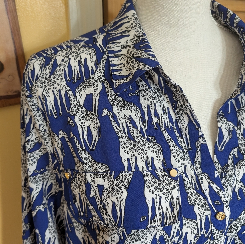 Charter Club Giraffe Patterned Blue & White Blouse XL